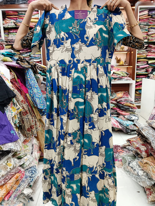 Kalamkari Cotton Puff Midi - Blue