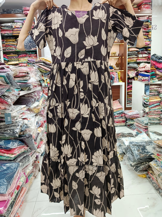 Kalamkari Cotton Puff Midi -Black - YWKK18