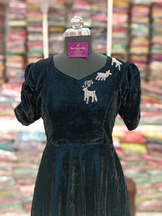 Reindeer Velvet Midi Dress Blue