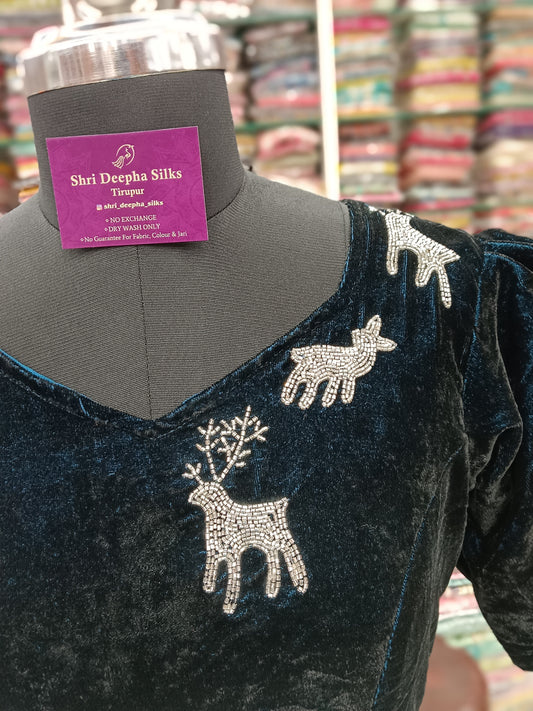Reindeer Velvet Midi Dress Blue