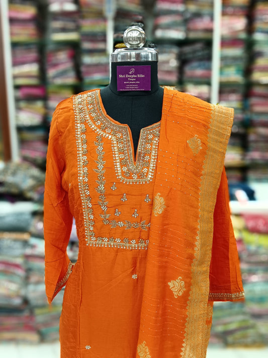 Premium Silk 3 Pcs Party wear Salwar Set - Orange