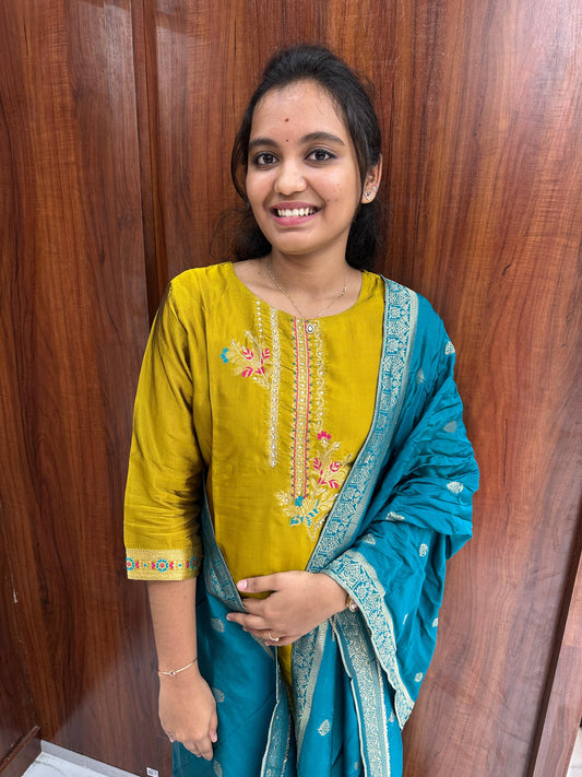 3Pcs Mustard Peacock Silk Salwar Set - NVES01
