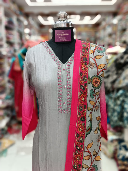 Premium Party Wear Digital Print Gray & Pink Embroidery Set