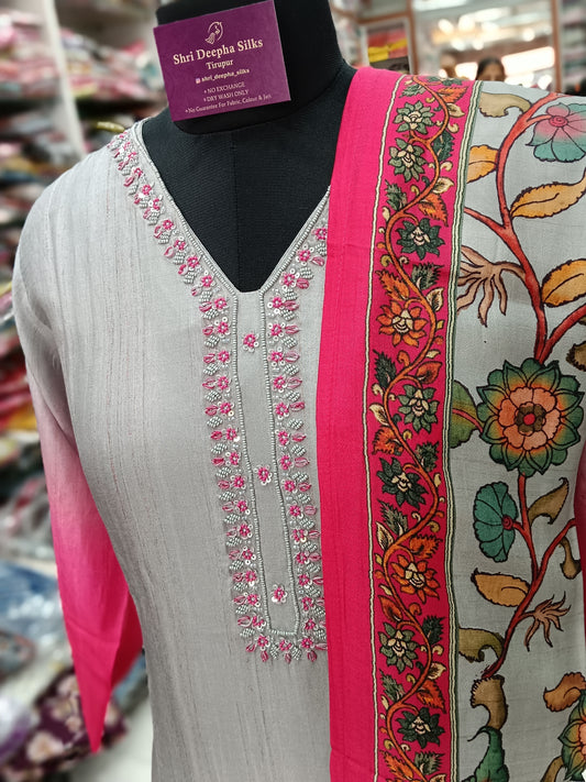 Premium Party Wear Digital Print Gray & Pink Embroidery Set