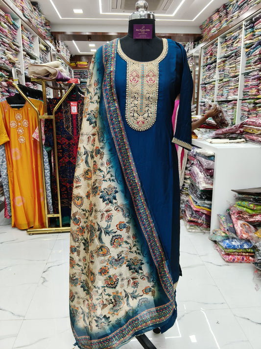 Premium Party Wear Dark Blue Digital Print 3 Pcs Salwar Set