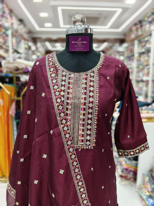 Premium Party Wear Marron Embroidery 3 Pcs Salwar Set