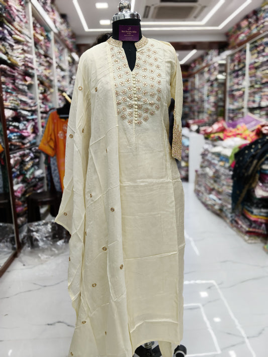 Premium Party Wear Cream Collar Neck 3 Pcs Salwar Set