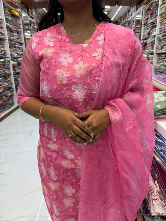 Premium Party Wear Pure Organza Pink Thread Embroidery 3 Pcs Salwar Set - PSS02