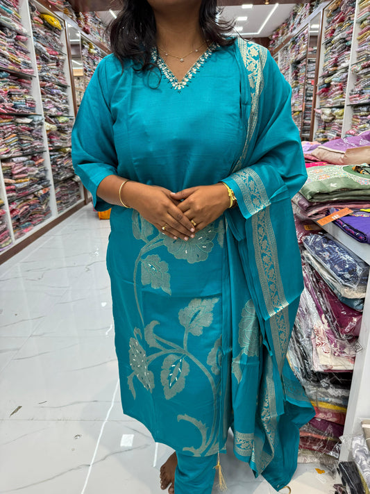 Premium Party Wear Rama Blue Thread Embroidery 3 Pcs Salwar Set