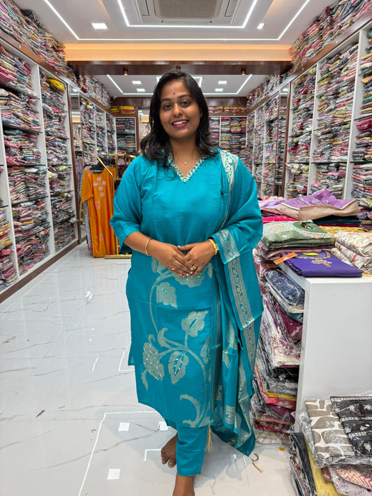 Premium Party Wear Rama Blue Thread Embroidery 3 Pcs Salwar Set