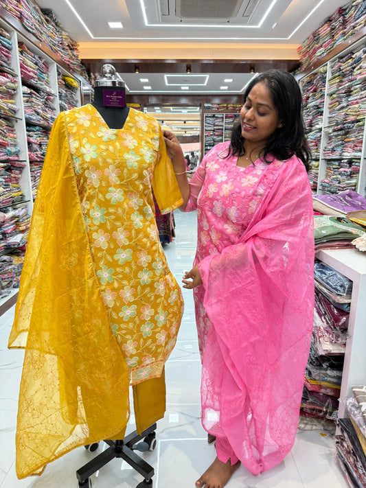 Premium Party Wear Pure Organza Mustard Thread Embroidery 3 Pcs Salwar Set