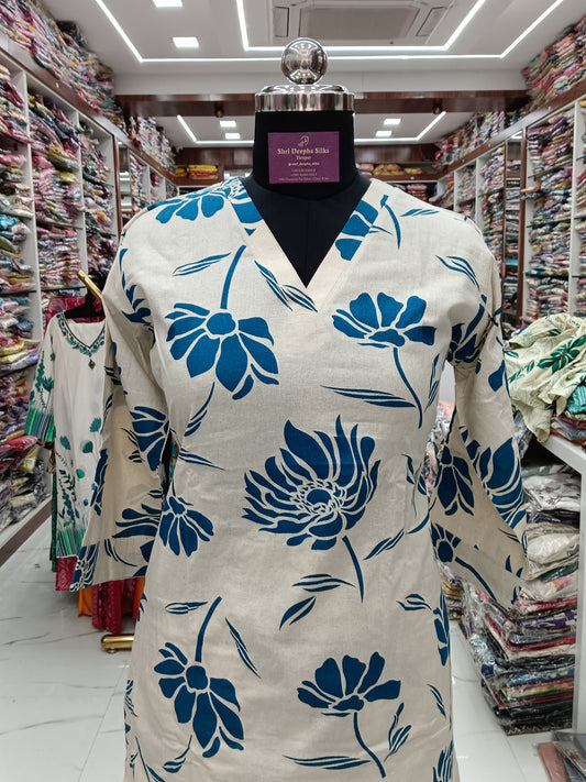 Natural Ivory with Deep Blue Lotus Flex Cotton Co Ord Set - FCCS20
