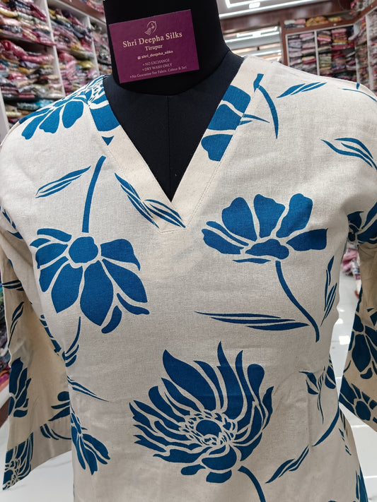 Natural Ivory with Deep Blue Lotus Flex Cotton Co Ord Set - FCCS20