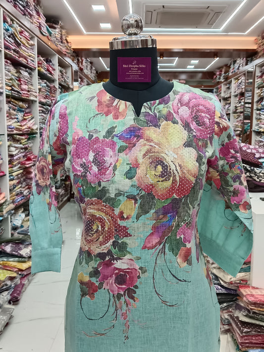 Linen Cotton Digital Print Kurti - LC14
