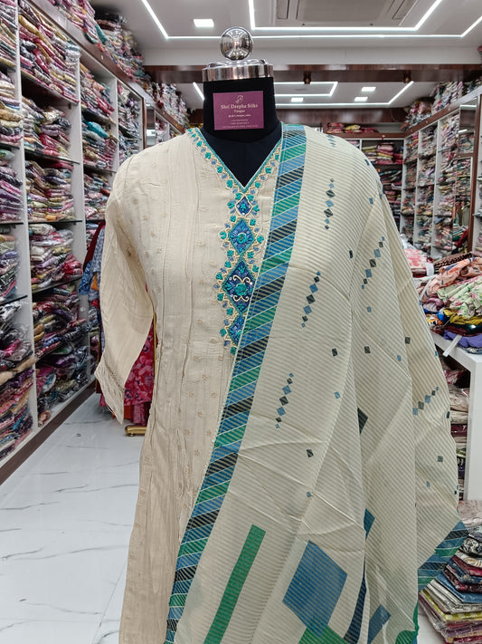 Premium Party Wear Royal Cream 3 Pcs Anarkali Set