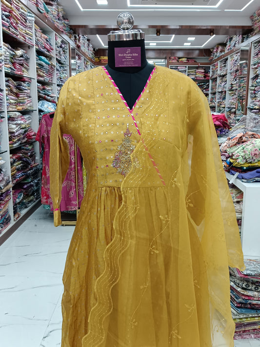 Premium Party Wear Divine Yellow 3 Pcs Anarkali Set