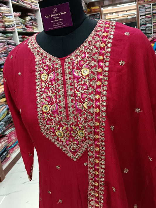 Premium Party Wear Rani Pink 3 Pcs Anarkali Set