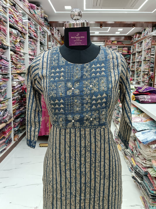 Linen Cotton Grey Line Kurti - LC17
