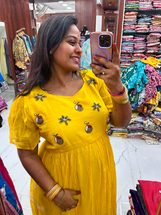 Mul Mul Cotton Hand Embroidery Bead Work Yellow (Manchal) Maxi - MCMX01