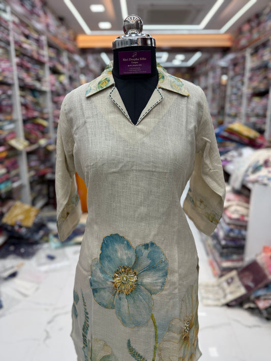 Linen Cotton Collar Neck Floral Print Set - LC07