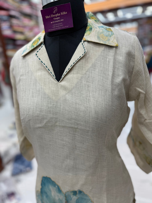 Linen Cotton Collar Neck Floral Print Set - LC07