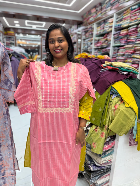 Premium Khadi Cotton Pink Checks Kurti - KC04