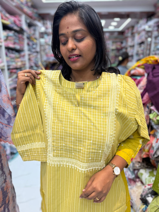 Premium Khadi Cotton Yellow Checks Kurti - KC05