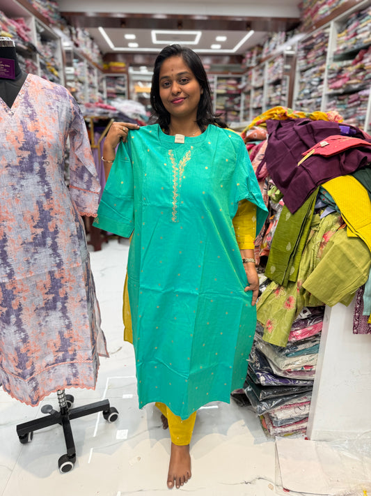 Premium Chanderi Cotton Green Kurti - KC07