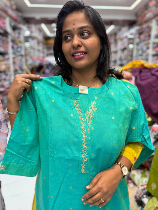 Premium Chanderi Cotton Green Kurti - KC07