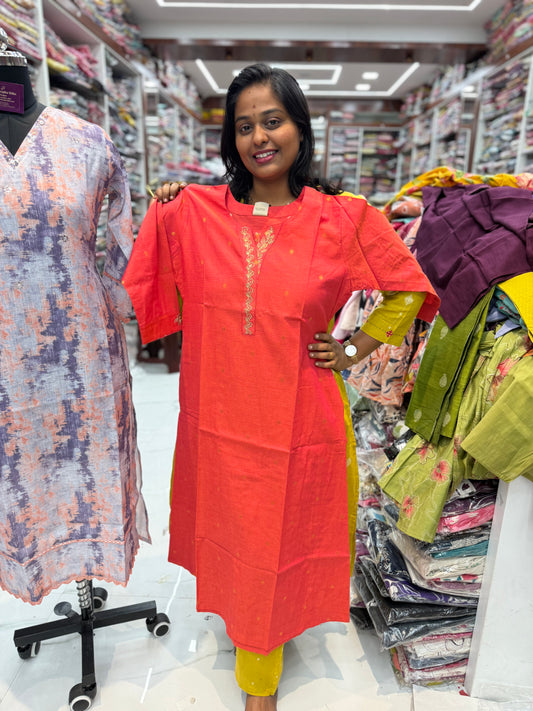 Premium Chanderi Cotton Peach Kurti - KC06