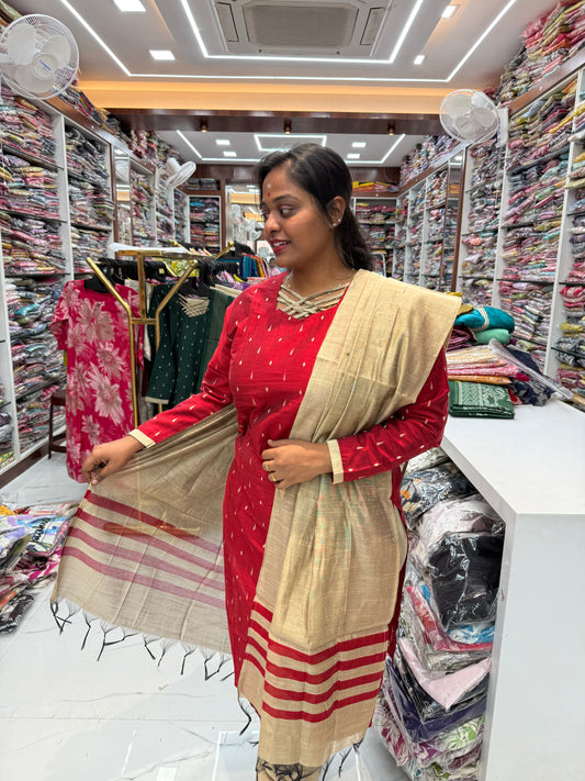 Red Silk Butta 3 Pcs Salwar Set - SBSS02