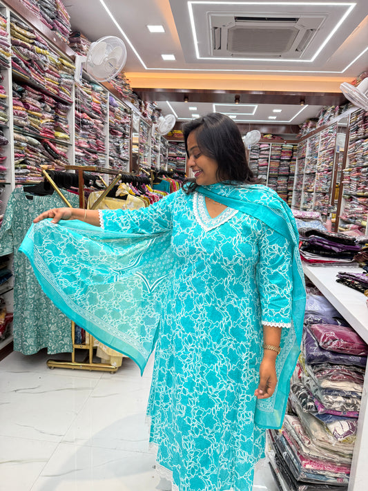 Pure Cotton 3 Pcs Anarkali Set - AS05