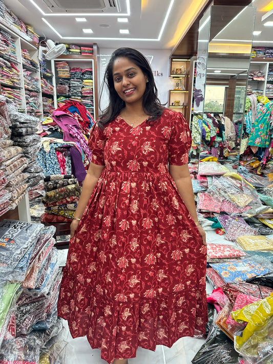 Kalamkari Cotton Puff Midi Maroon lotus