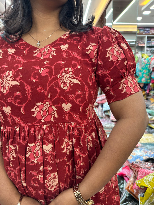 Kalamkari Cotton Puff Midi Maroon lotus