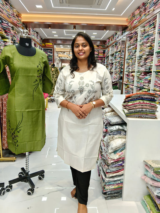 Budget Linen Cotton Kurti Cream - BLK01