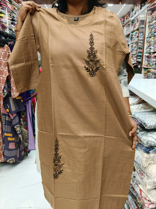 Budget Linen Cotton Kurti Choclate - BLK03