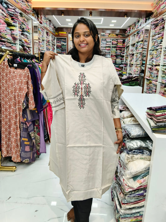 Budget Linen Cotton Kurti Cream - BLK05