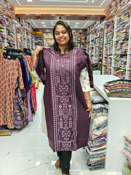 Budget Linen Cotton Kurti Wine - BLK06