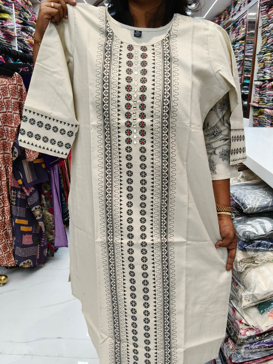Budget Linen Cotton Kurti Cream - BLK10