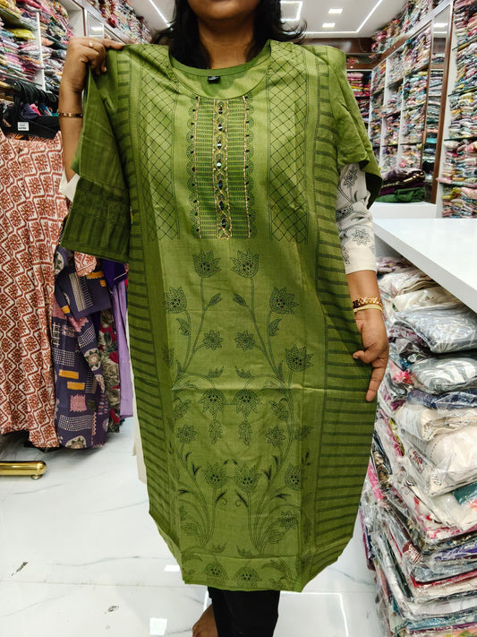 Budget Linen Cotton Kurti Green -BLK18