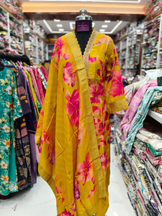 Premium Party Wear Pure Muslin Silk Yellow 3 Pcs Salwar Set