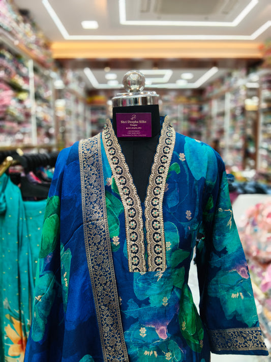 Premium Party Wear Pure Muslin Silk Blue 3 Pcs Salwar Set