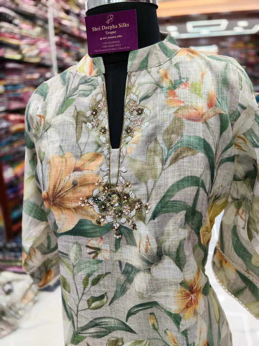 Linen Cotton Collar Neck Embroidery Kurti - LC03