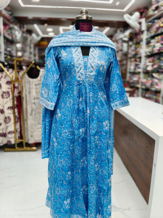 Pure Cotton 3 Pcs Anarkali Set - AS12