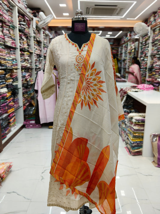 Royal Cream Shimmer Silk 3 Pcs Anarkali Set