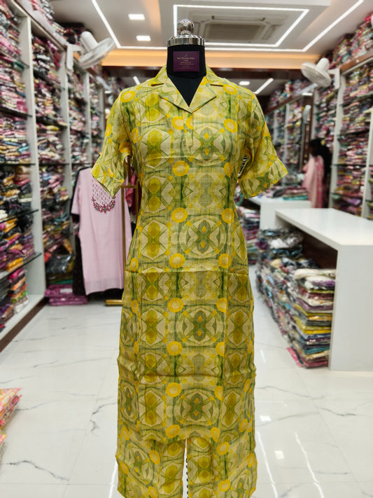 Fluorescent Green Vatican Silk Collar Neck Co Ord Set - FCOS01