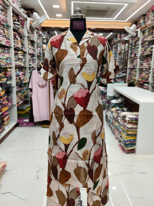 Fluorescent Cream Vatican Silk Collar Neck Co Ord Set - FCOS03