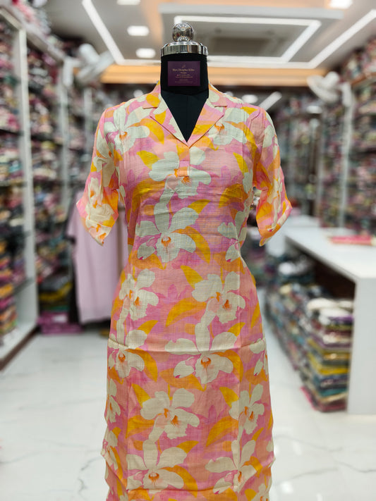 Fluorescent Peach Vatican Silk Collar Neck Co Ord Set - FCOS05