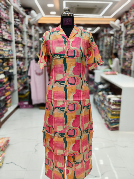 Fluorescent Pink Vatican Silk Collar Neck Co Ord Set - FCOS06