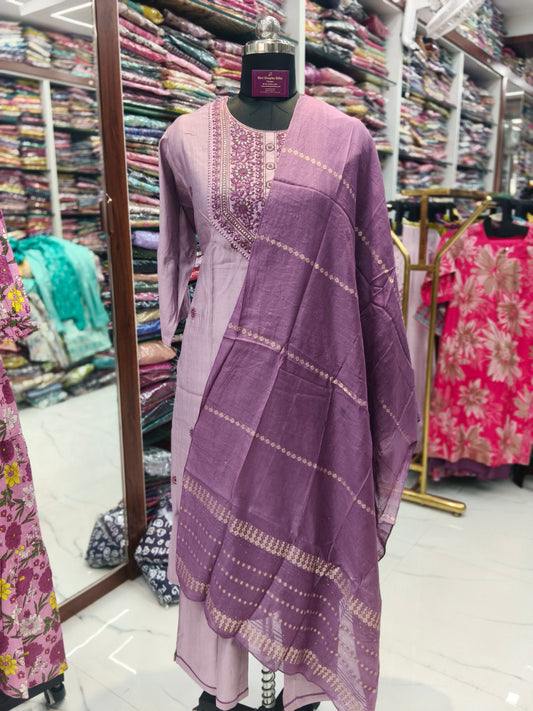 Purple Elegant Embroidery Vatican Silk 3 Pcs Salwar Set - BPSS14